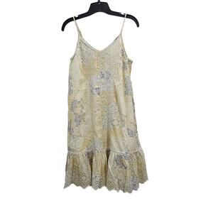 Rachel Zoe Gray & Yellow Sleeveless Cotton Eyelet Trim Sun Dress Size Medium